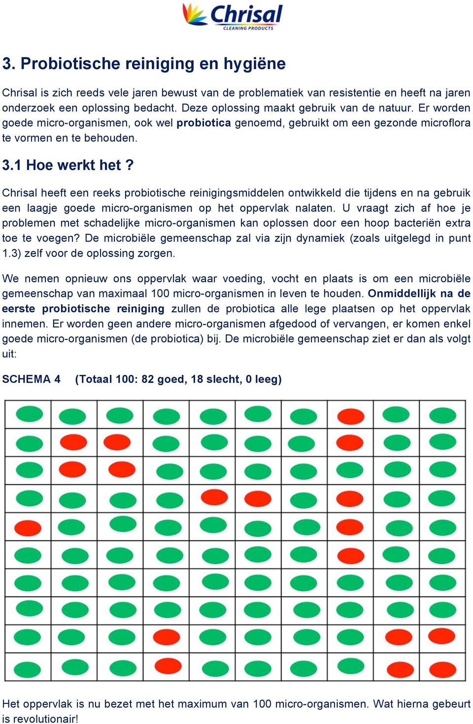 Chrisal heeft een reeks probiotische reinigingsmiddelen ontwikkeld die tijdens en na gebruik een laagje goede micro-organismen op het oppervlak nalaten.