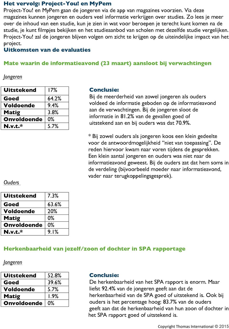 vergelijken. Project-You! zal de jongeren blijven volgen om zicht te krijgen op de uiteindelijke impact van het project.