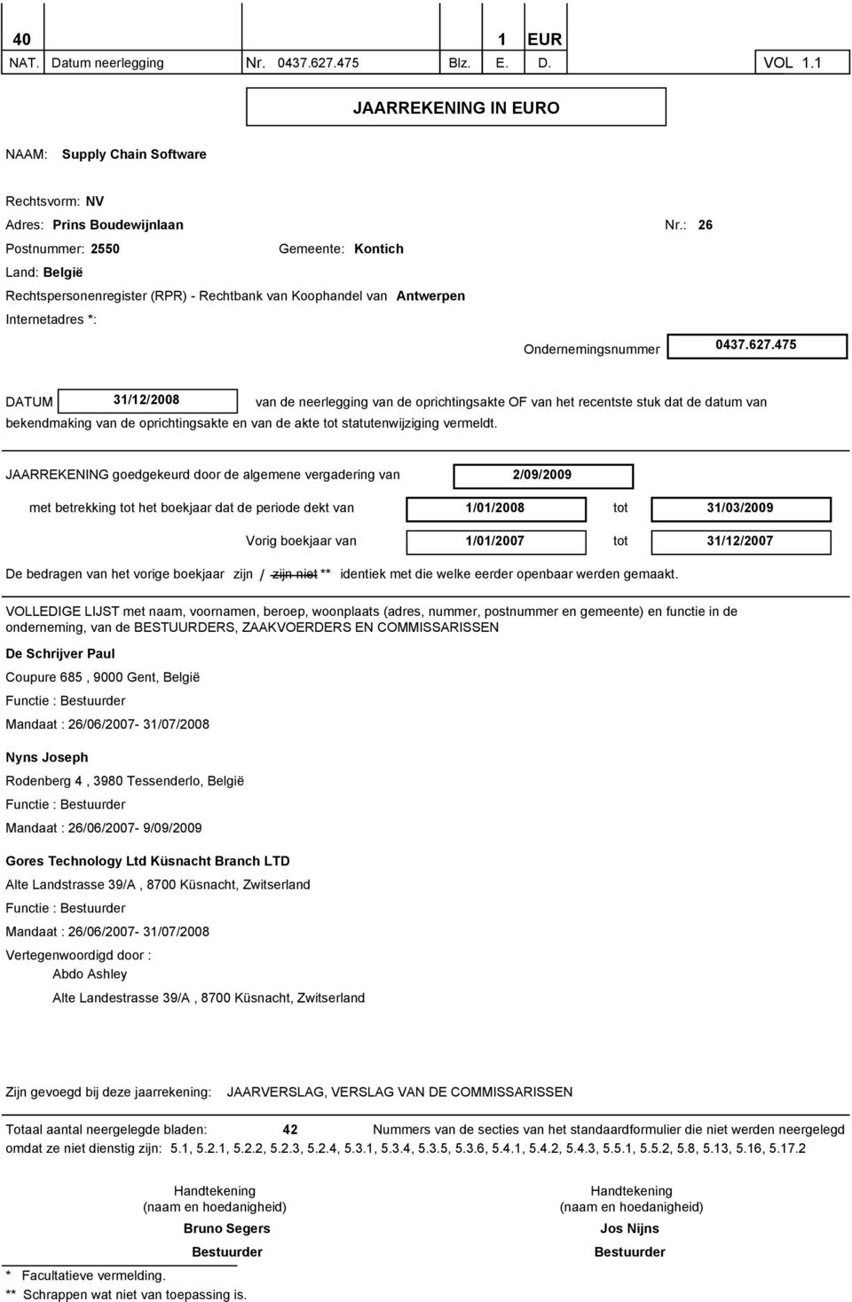 475 DATUM 31/12/2008 van de neerlegging van de oprichtingsakte OF van het recentste stuk dat de datum van bekendmaking van de oprichtingsakte en van de akte tot statutenwijziging vermeldt.