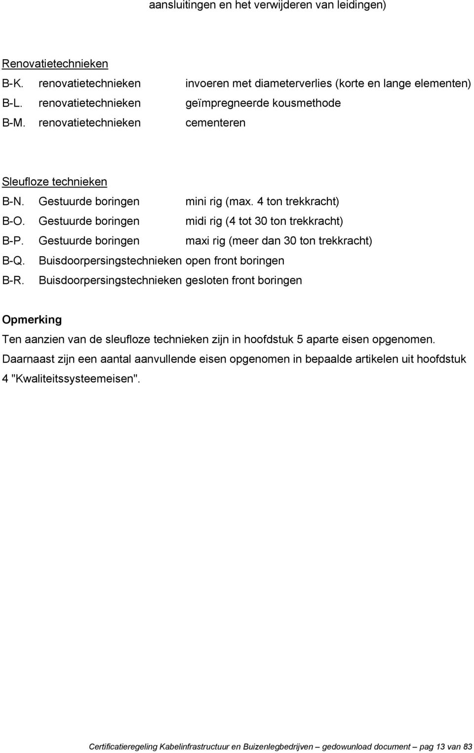 Gestuurde boringen midi rig (4 tot 30 ton trekkracht) B-P. Gestuurde boringen maxi rig (meer dan 30 ton trekkracht) B-Q. Buisdoorpersingstechnieken open front boringen B-R.