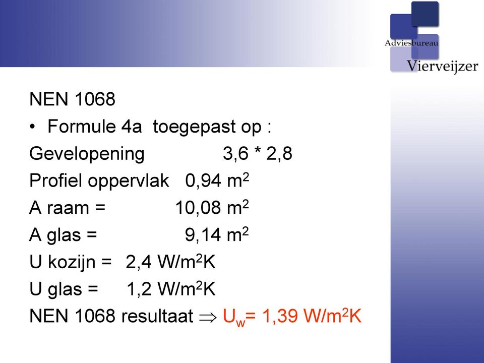 10,08 m 2 A glas = 9,14 m 2 U kozijn = 2,4 W/m 2 K