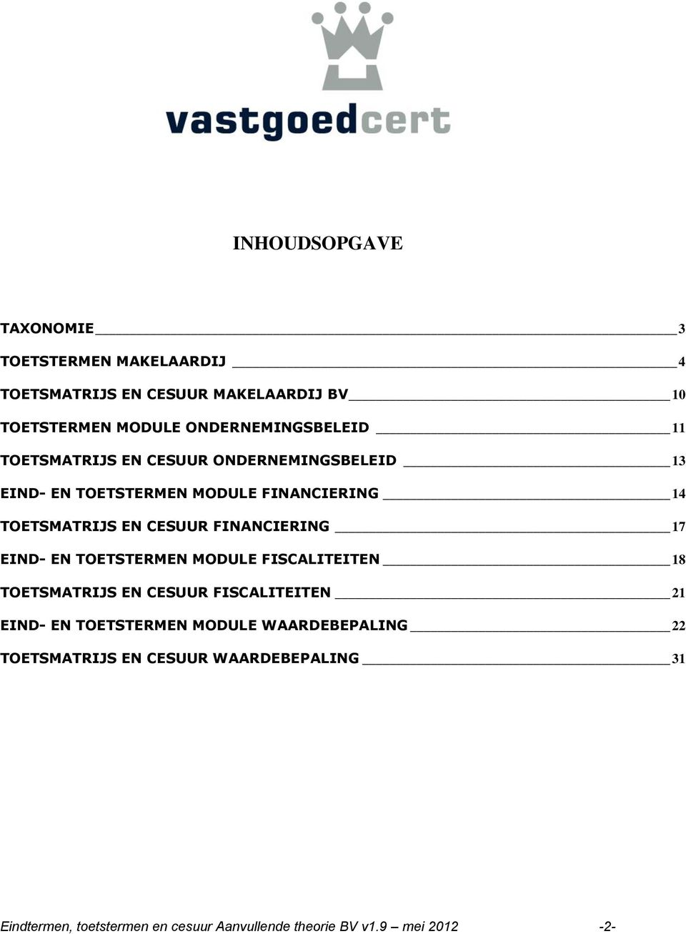 CESUUR FINANCIERING 17 EIND- EN TOETSTERMEN MODULE FISCALITEITEN 18 TOETSMATRIJS EN CESUUR FISCALITEITEN 21 EIND- EN