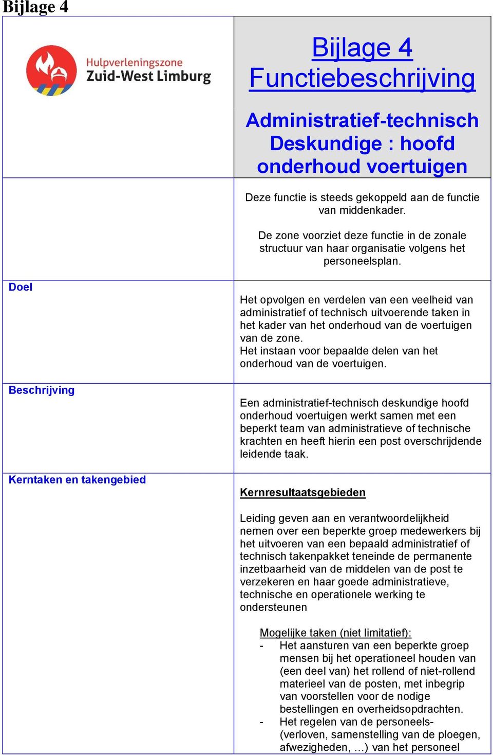 Doel Beschrijving Kerntaken en takengebied Het opvolgen en verdelen van een veelheid van administratief of technisch uitvoerende taken in het kader van het onderhoud van de voertuigen van de zone.