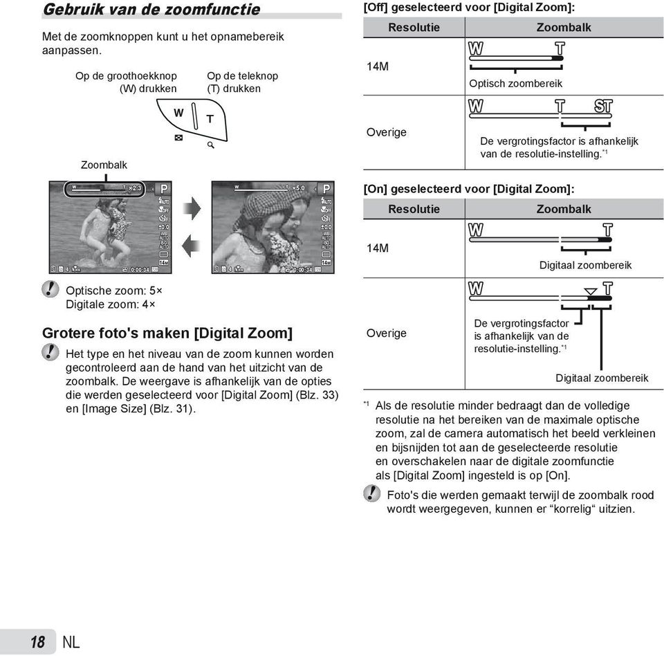 de resolutie-instelling. *1 2.3 P 5.0 P [On] geselecteerd voor [Digital Zoom]: Resolutie Zoombalk 0.0 WB ISO 14M 4 NORM 0:00:34 4 NORM 0:00:34 0.