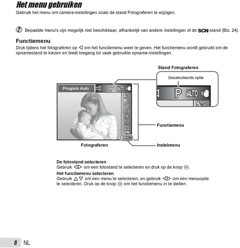 Het functiemenu wordt gebruikt om de opnamestand te kiezen en biedt toegang tot vaak gebruikte opname-instellingen. Stand Fotograferen Program Auto P Geselecteerde optie P 0.