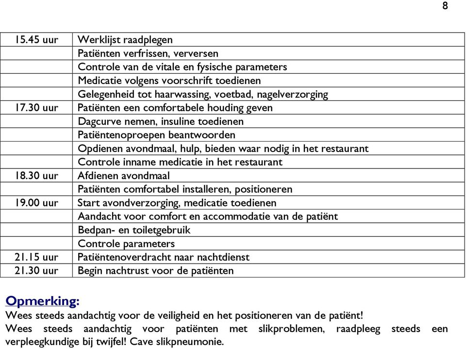 30 uur Patiënten een comfortabele houding geven Dagcurve nemen, insuline toedienen Patiëntenoproepen beantwoorden Opdienen avondmaal, hulp, bieden waar nodig in het restaurant Controle inname