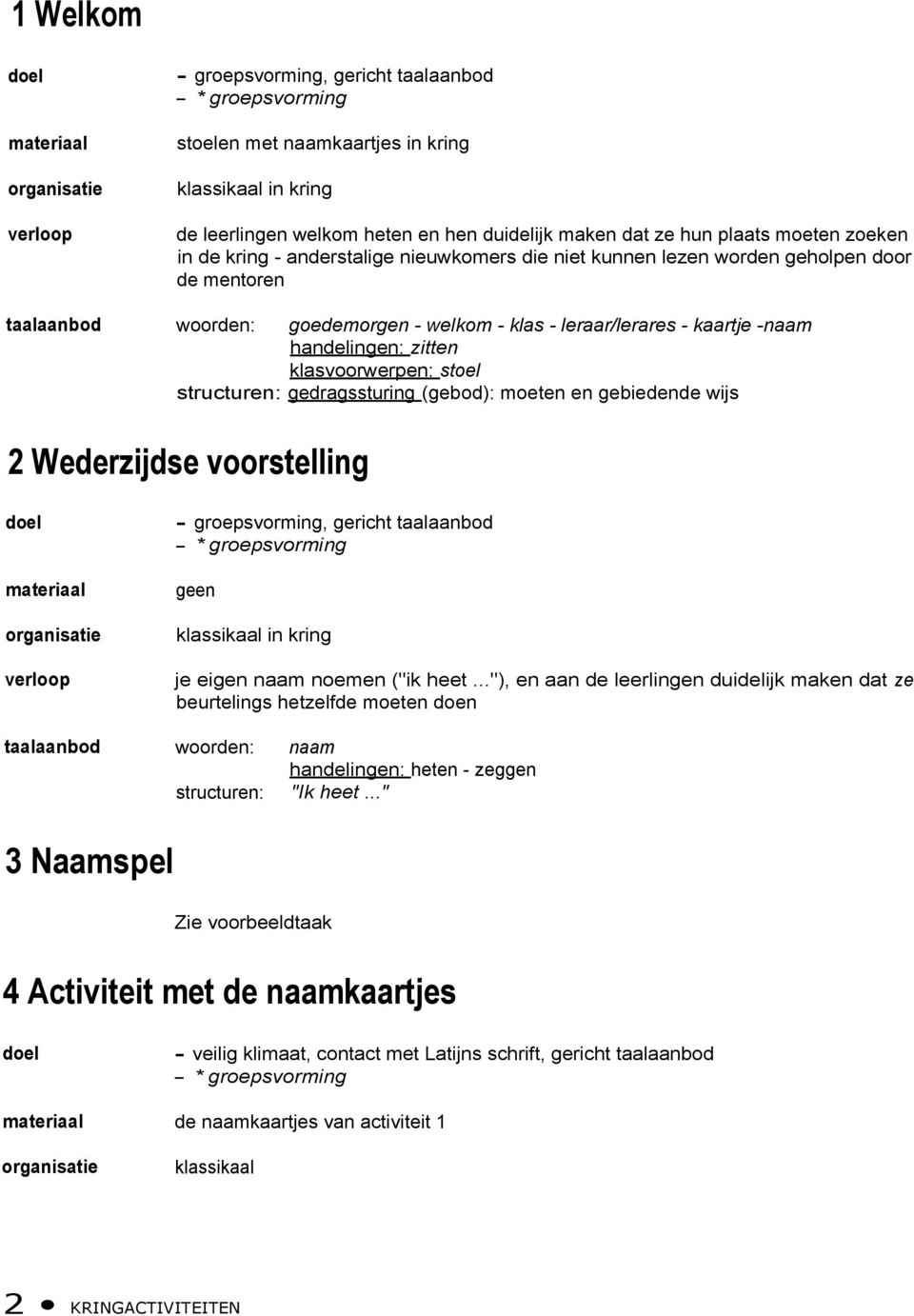 zitten klasvoorwerpen: stoel structuren: gedragssturing (gebod): moeten en gebiedende wijs 2 Wederzijdse voorstelling verloop taalaanbod - groepsvorming, gericht taalaanbod - * groepsvorming geen