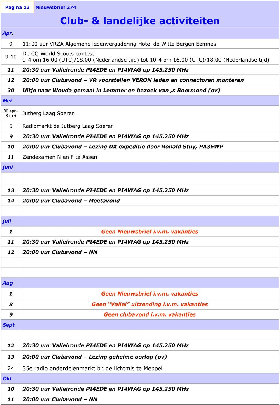 250 MHz 12 20:00 uur Clubavond VR voorstellen VERON leden en connectoren monteren 30 Uitje naar Wouda gemaal in Lemmer en bezoek van,s Roermond (ov) 30 apr 8 mei Jutberg Laag Soeren 5 Radiomarkt de