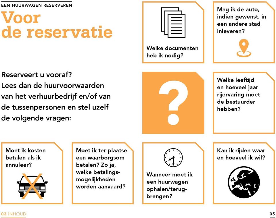 Lees dan de huurvoorwaarden van het verhuurbedrijf en/of van de tussenpersonen en stel uzelf de volgende vragen: Welke leeftijd en hoeveel