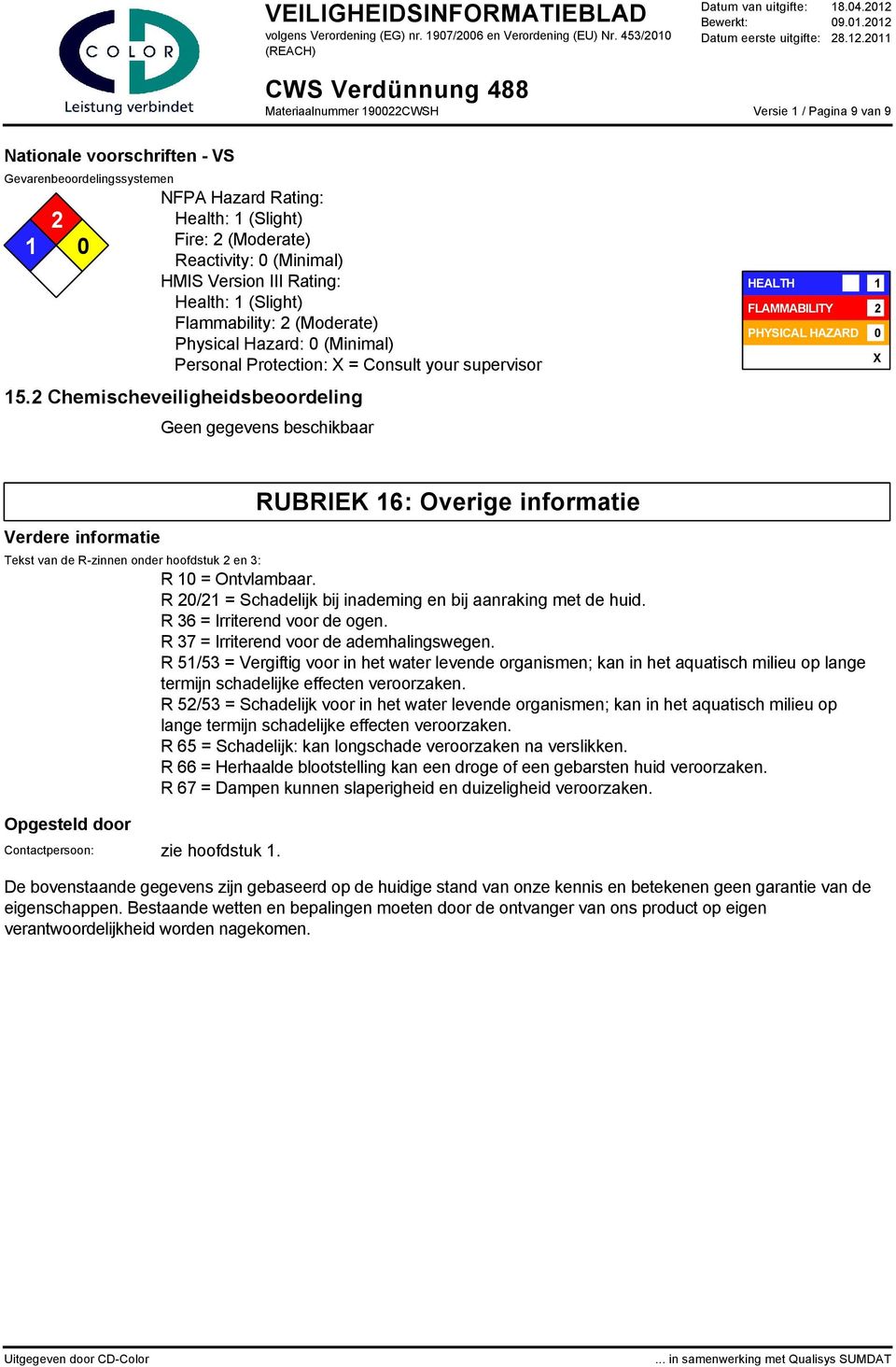 2 Chemischeveiligheidsbeoordeling Versie 1 / Pagina 9 van 9 HEALTH 1 FLAMMABILITY 2 PHYSICAL HAZARD 0 X Verdere informatie RUBRIEK 16: Overige informatie Tekst van de R-zinnen onder hoofdstuk 2 en 3: