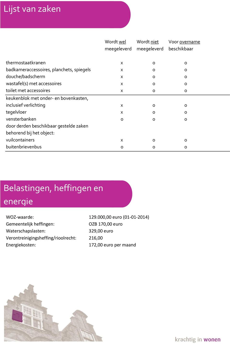 vensterbanken o o o door derden beschikbaar gestelde zaken behorend bij het object: vuilcontainers x o o buitenbrievenbus o o o Belastingen, heffingen en energie