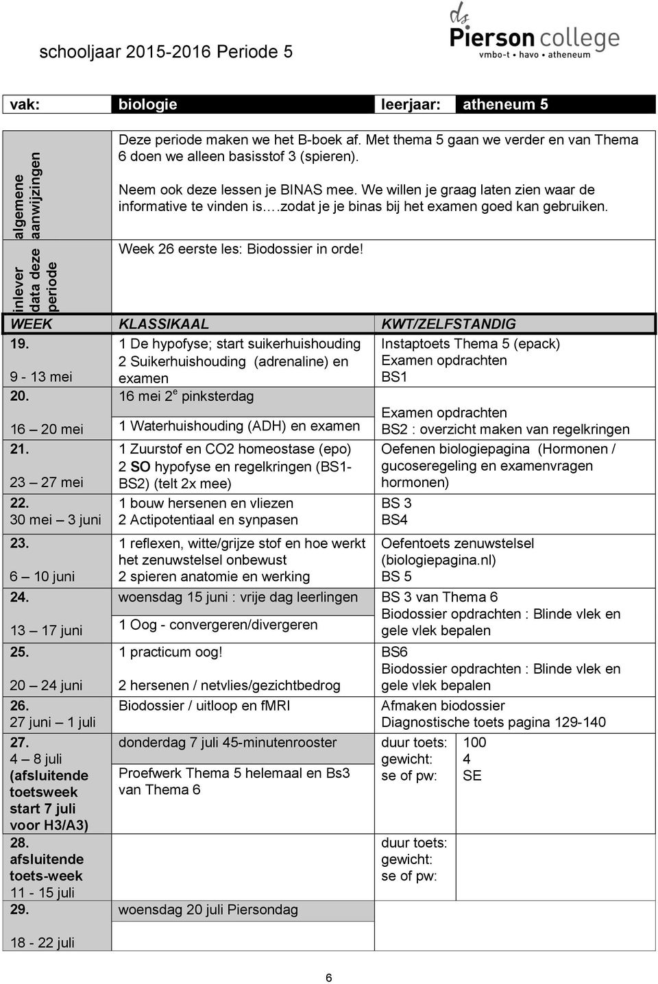 zodat je je binas bij het examen goed kan gebruiken. Week 26 eerste les: Biodossier in orde! WEEK KLASSIKAAL KWT/ZELFSTANDIG 19.