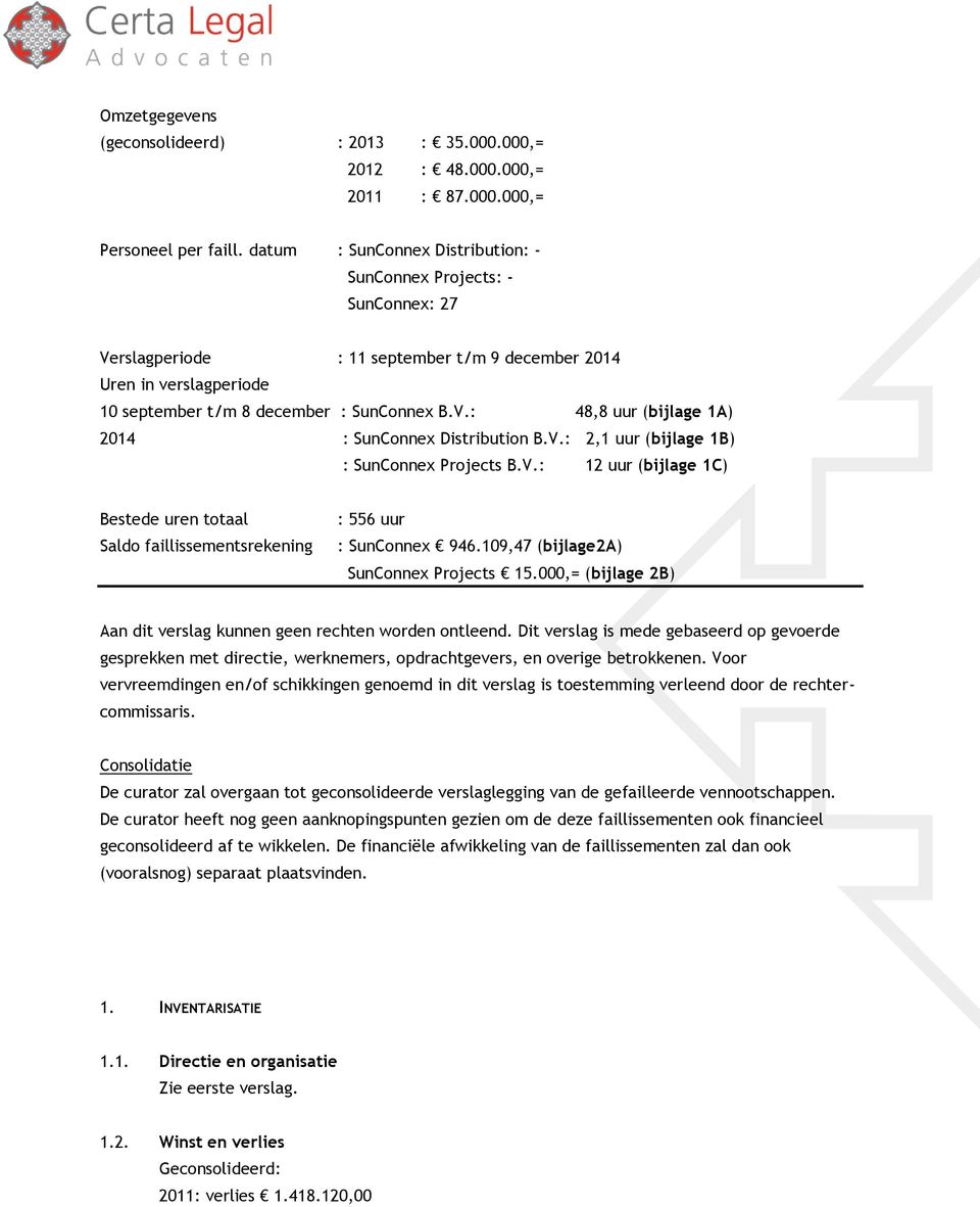 V.: 12 uur (bijlage 1C) Bestede uren totaal Saldo faillissementsrekening : 556 uur : 946.109,47 (bijlage2a) Projects 15.000,= (bijlage 2B) Aan dit verslag kunnen geen rechten worden ontleend.