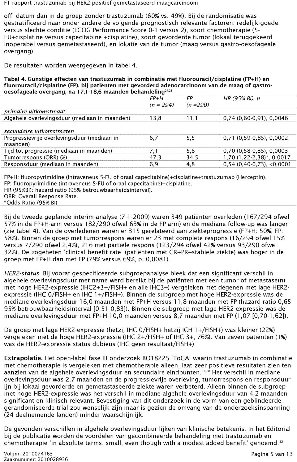 chemotherapie (5- FU+cisplatine versus capecitabine +cisplatine), soort gevorderde tumor (lokaal teruggekeerd inoperabel versus gemetastaseerd), en lokatie van de tumor (maag versus