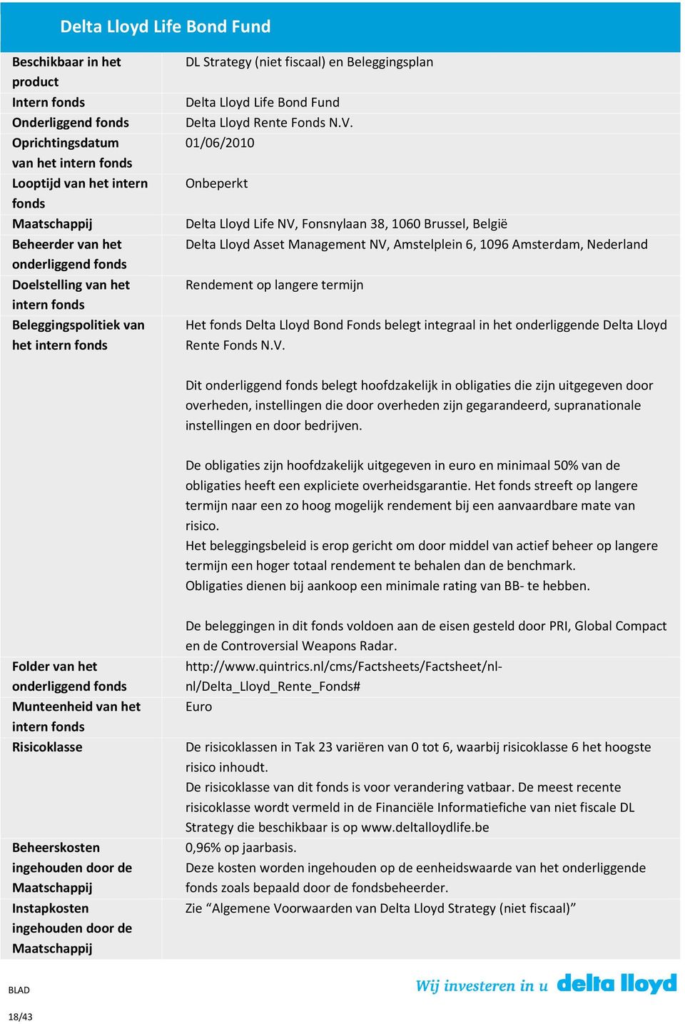 01/06/2010 Onbeperkt Delta Lloyd Life NV, Fonsnylaan 38, 1060 Brussel, België Delta Lloyd Asset Management NV, Amstelplein 6, 1096 Amsterdam, Nederland Rendement op langere termijn Het fonds Delta