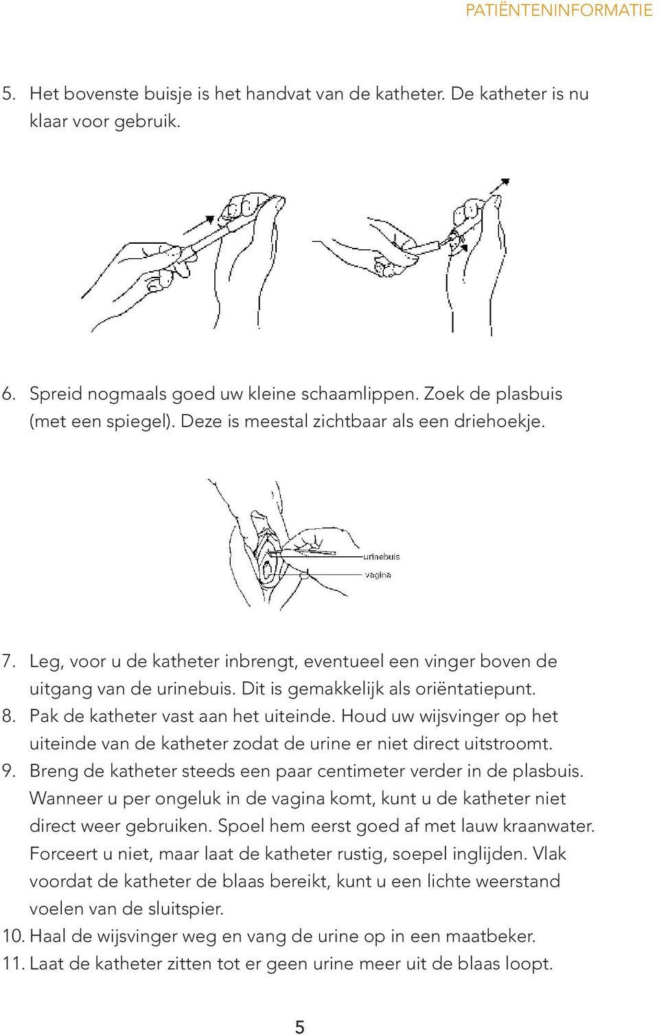 Pak de katheter vast aan het uiteinde. Houd uw wijsvinger op het uiteinde van de katheter zodat de urine er niet direct uitstroomt. 9.