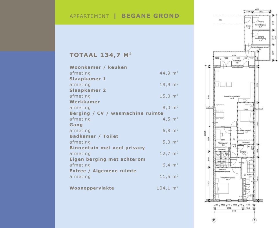 0 ouche enwand Woonkamer/Keuken 44.9 bovenlicht 2246 Schacht 6.8 Slaapkamer groot 19.8 15.0 4.5 nv ntree 9.8 post 4000 1100 100 20 100 4.9 2380 1163 1e verdieping 2e Verdieping begane grond 6.