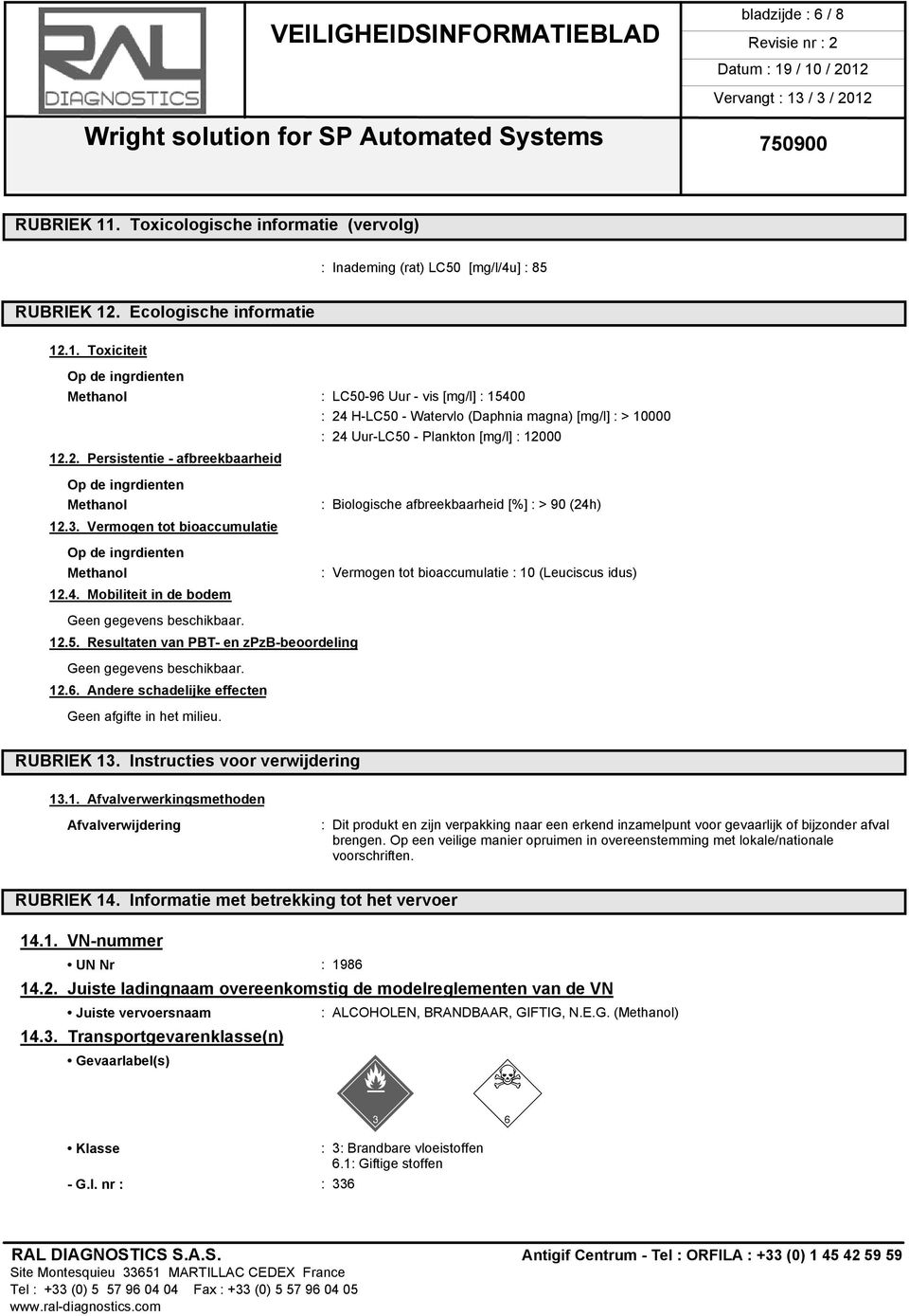 . Ecologische informatie 12.1. Toxiciteit Op de ingrdienten Methanol : LC50-96 Uur - vis [mg/l] : 15400 : 24 H-LC50 - Watervlo (Daphnia magna) [mg/l] : > 10000 : 24 Uur-LC50 - Plankton [mg/l] : 12000 12.