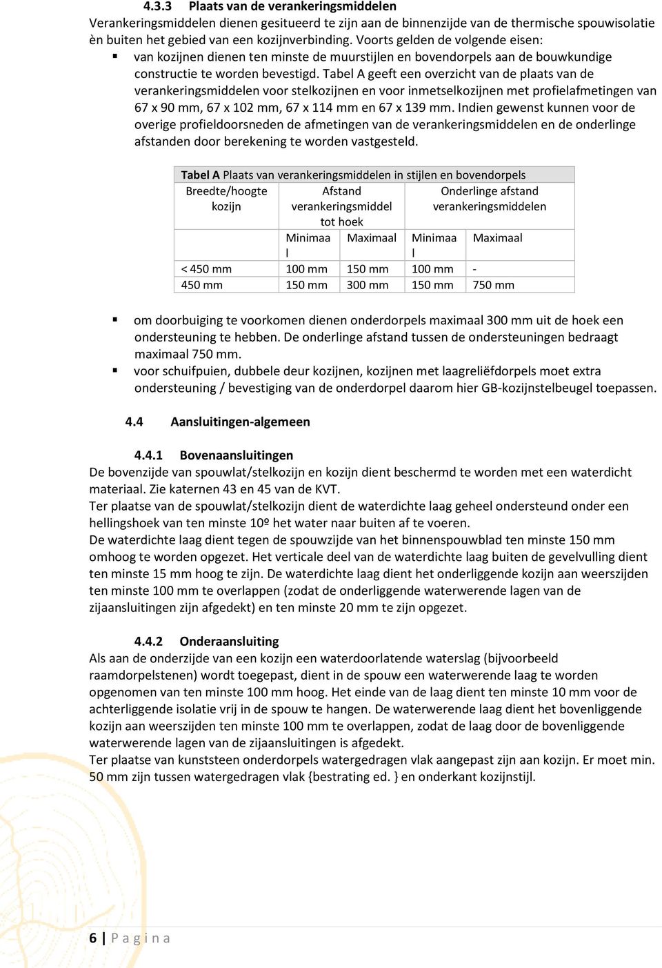 Tabel A geeft een overzicht van de plaats van de verankeringsmiddelen voor stelkozijnen en voor inmetselkozijnen met profielafmetingen van 67 x 90 mm, 67 x 102 mm, 67 x 114 mm en 67 x 139 mm.