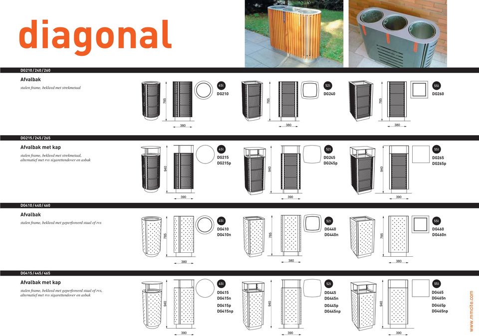frame, bekleed met geperforeerd staal of rvs 45 l 52 l 55 l DG410 DG410n DG440 DG440n DG460 DG460n DG415 / 445 / 465 Afvalbak met kap stalen frame, bekleed met