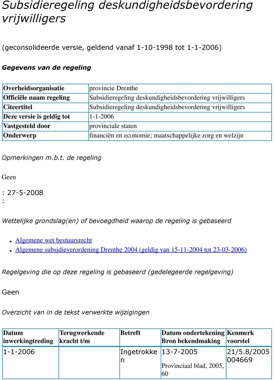 staten Onderwerp financiën en economie; maatschappelijke zorg en welzijn Opmerkingen m.b.t. de regeling Geen : 27-5-2008 : Wettelijke grondslag(en) of bevoegdheid waarop de regeling is gebaseerd