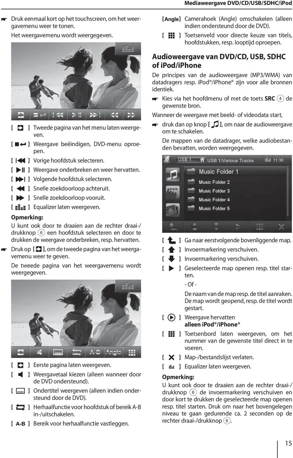 Audioweergave van DVD/CD, USB, SDHC of ipod/iphone ] Tweede pagina van het menu laten weergeven. ] Weergave beëindigen, DVD-menu oproepen. ] Vorige hoofdstuk selecteren.