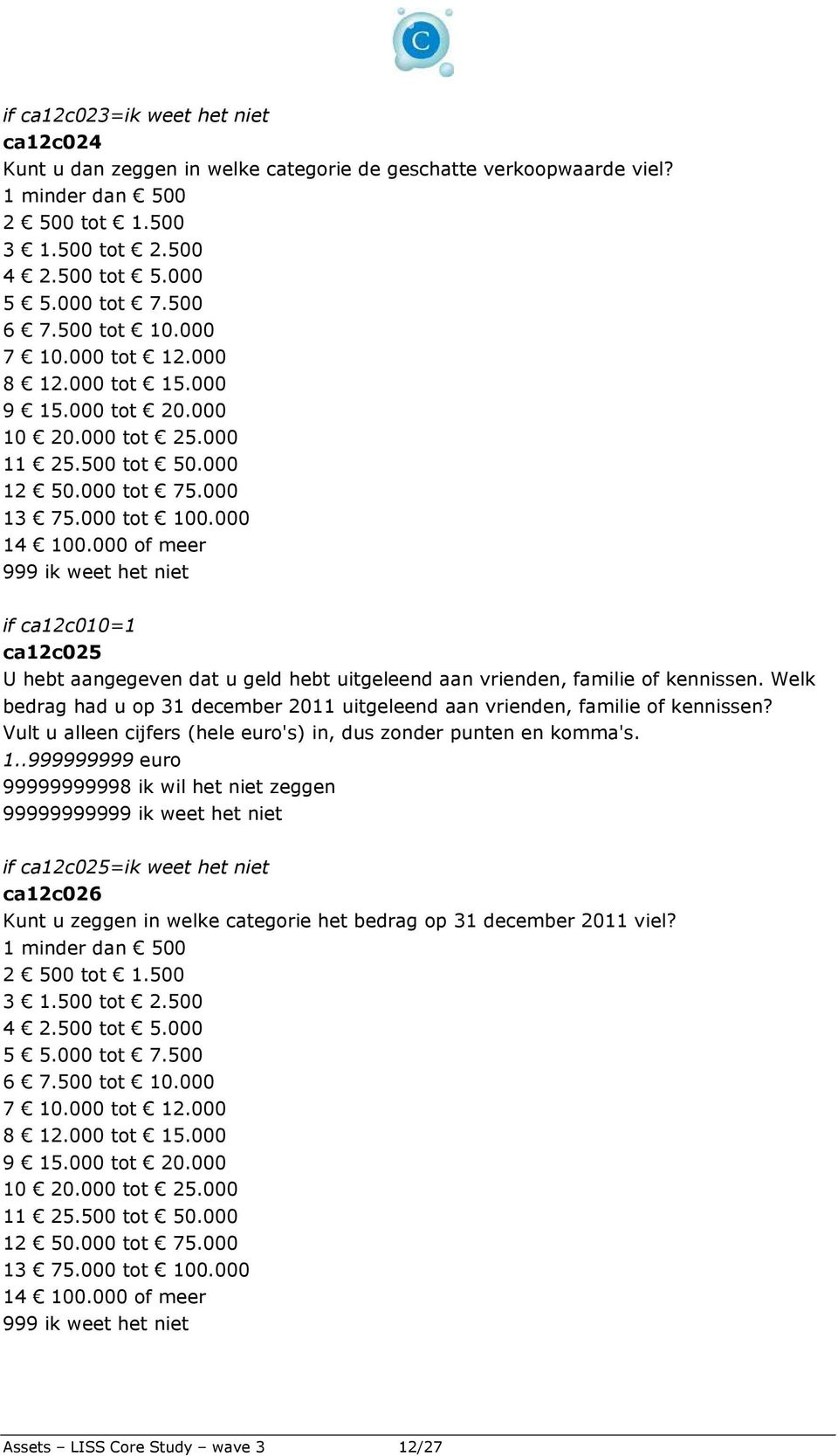 000 of meer 999 ik weet het niet if ca12c010=1 ca12c025 U hebt aangegeven dat u geld hebt uitgeleend aan vrienden, familie of kennissen.