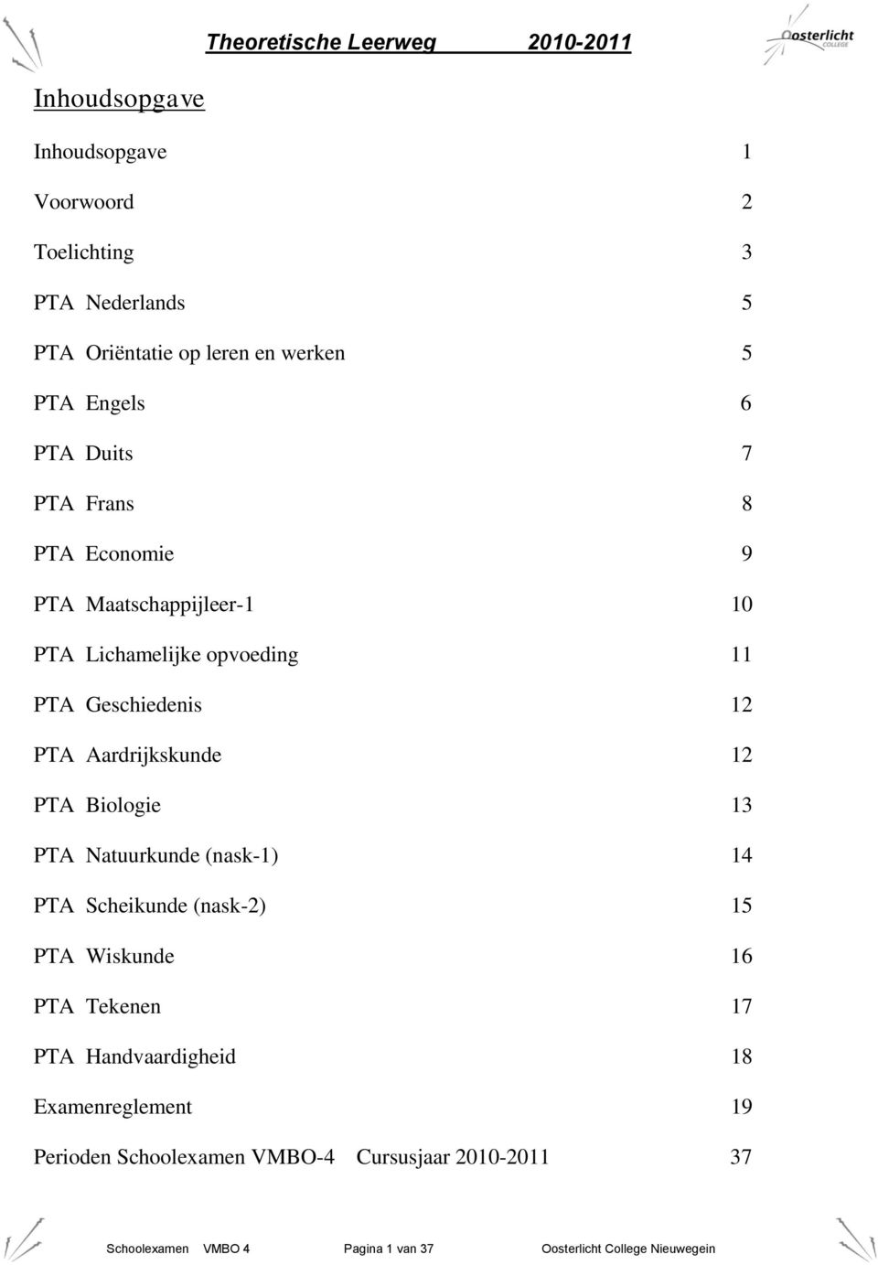 PTA Aardrijkskunde 12 PTA Biologie 13 PTA Natuurkunde (nask-1) 14 PTA Scheikunde (nask-2) 15 PTA Wiskunde 16 PTA Tekenen 17 PTA