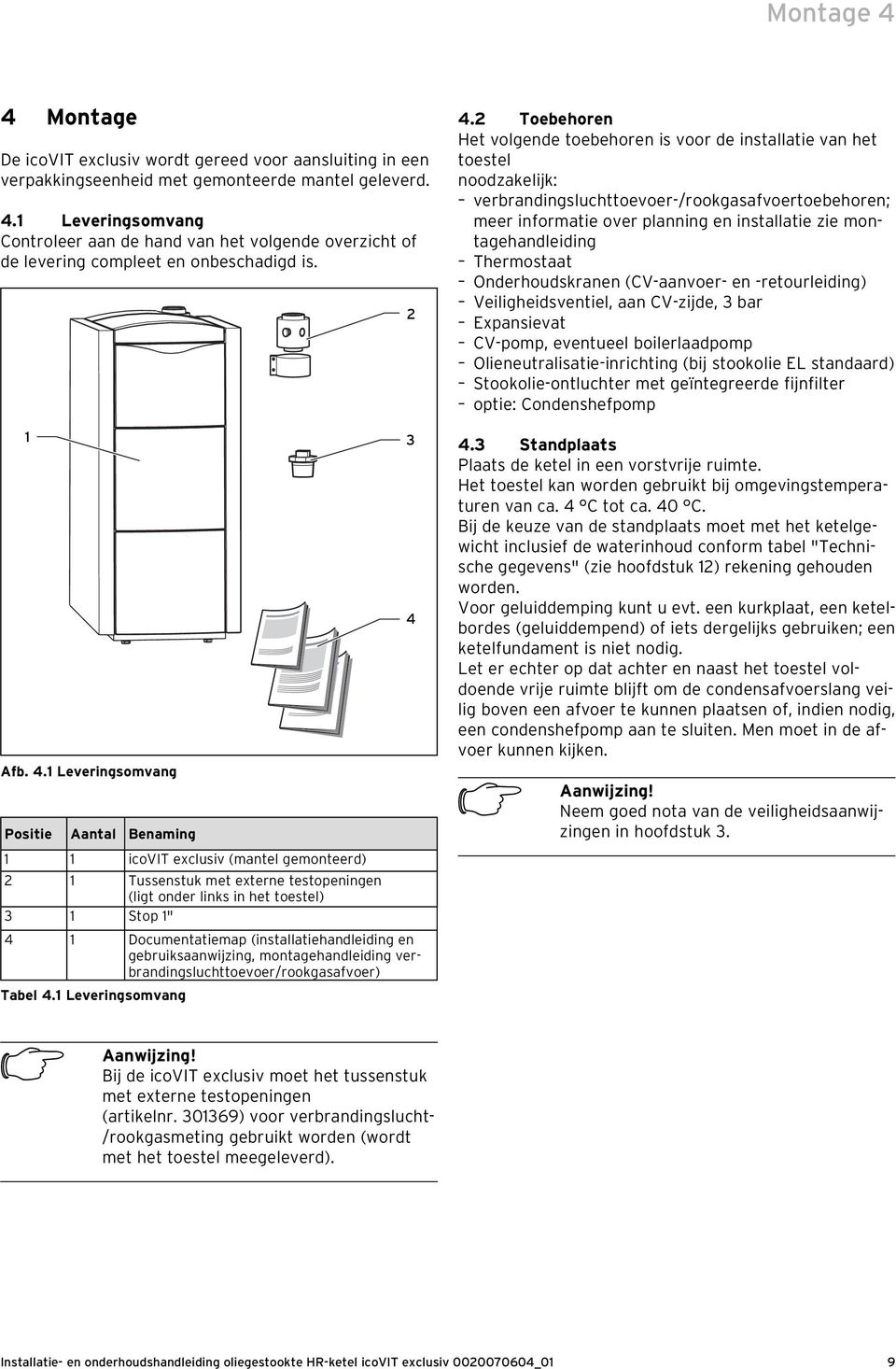 Leveringsomvang Positie Aantal Benaming icovit exclusiv (mantel gemonteerd) 2 Tussenstuk met externe testopeningen (ligt onder links in het toestel) 3 Stop " 4 Documentatiemap (installatiehandleiding