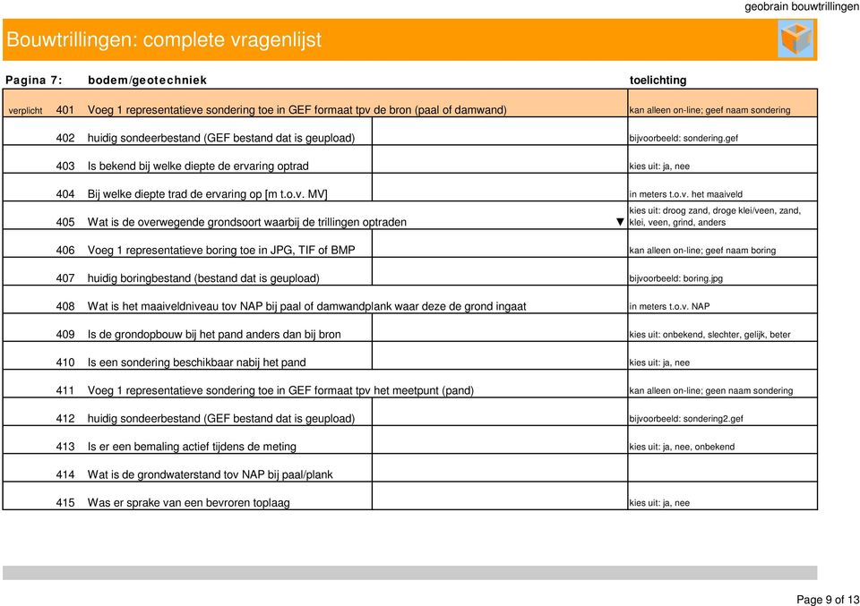 o.v. het maaiveld 405 Wat is de overwegende grondsoort waarbij de trillingen optraden kies uit: droog zand, droge klei/veen, zand, klei, veen, grind, anders 406 Voeg 1 representatieve boring toe in