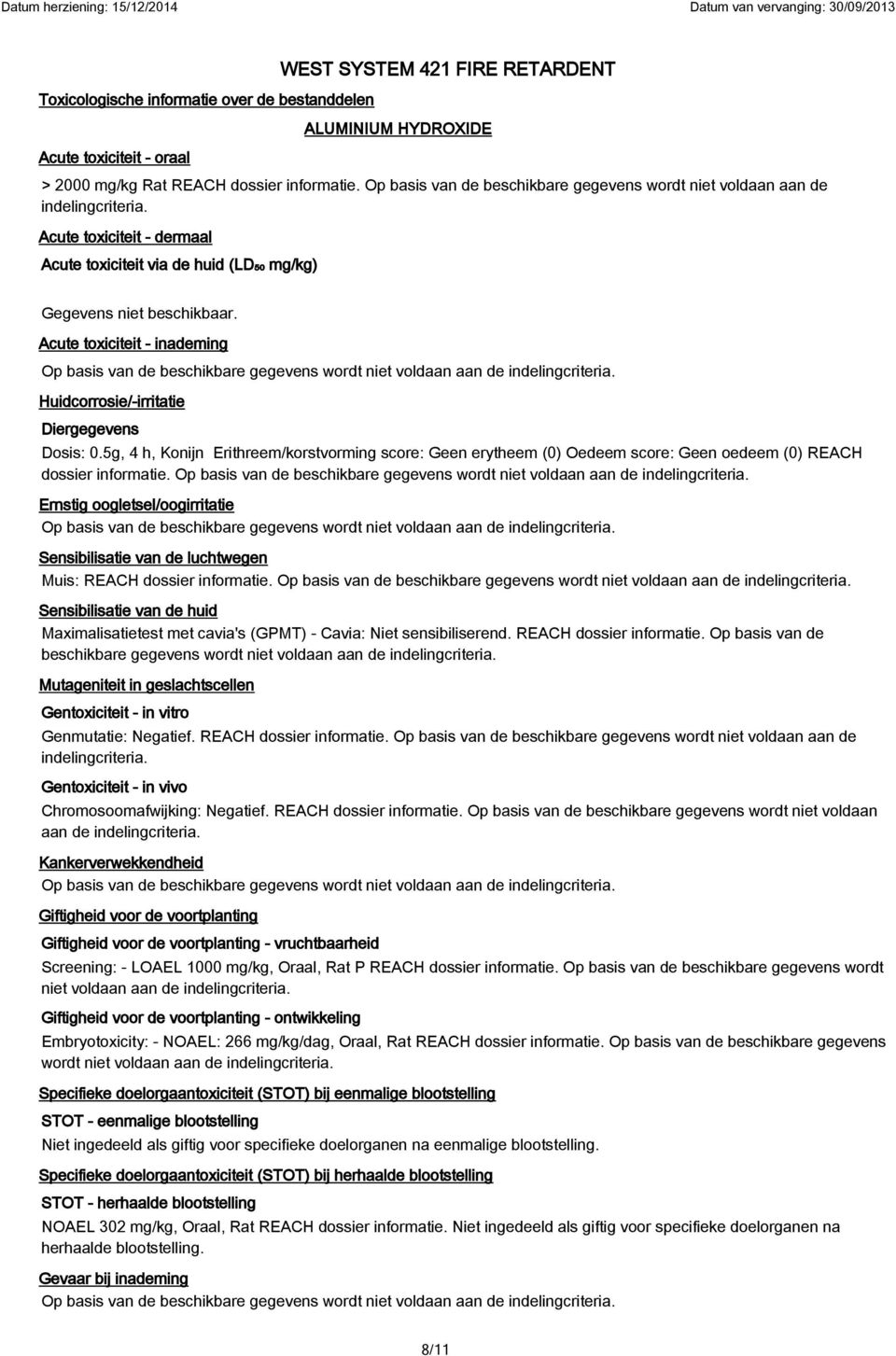 5g, 4 h, Konijn Erithreem/korstvorming score: Geen erytheem (0) Oedeem score: Geen oedeem (0) REACH dossier informatie.