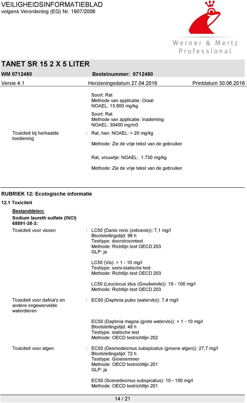 NOAEL: 1.730 mg/kg Methode: Zie de vrije tekst van de gebruiker RUBRIEK 12: Ecologische informatie 12.