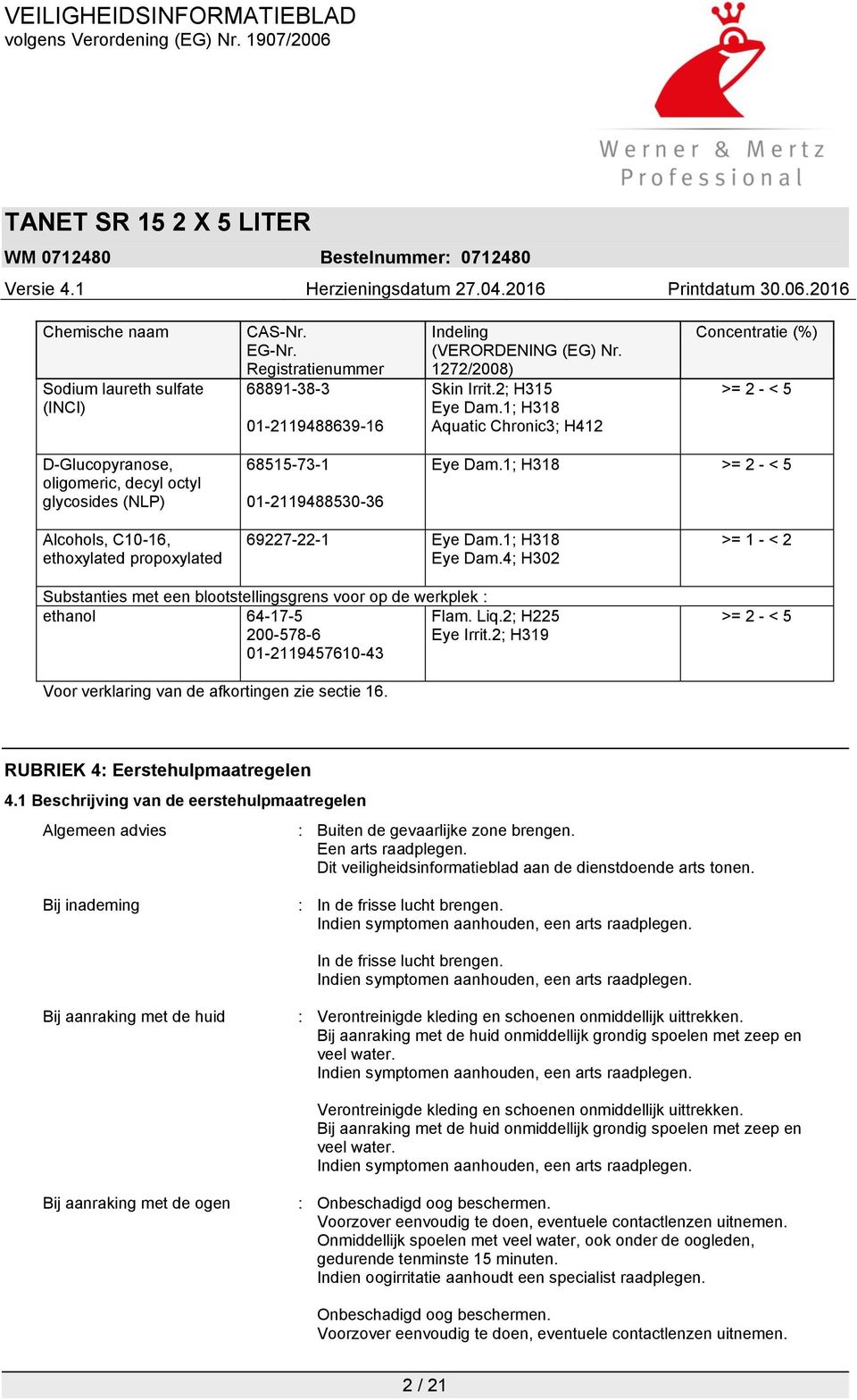 1; H318 >= 2 - < 5 Alcohols, C10-16, ethoxylated propoxylated 69227-22-1 Eye Dam.1; H318 Eye Dam.