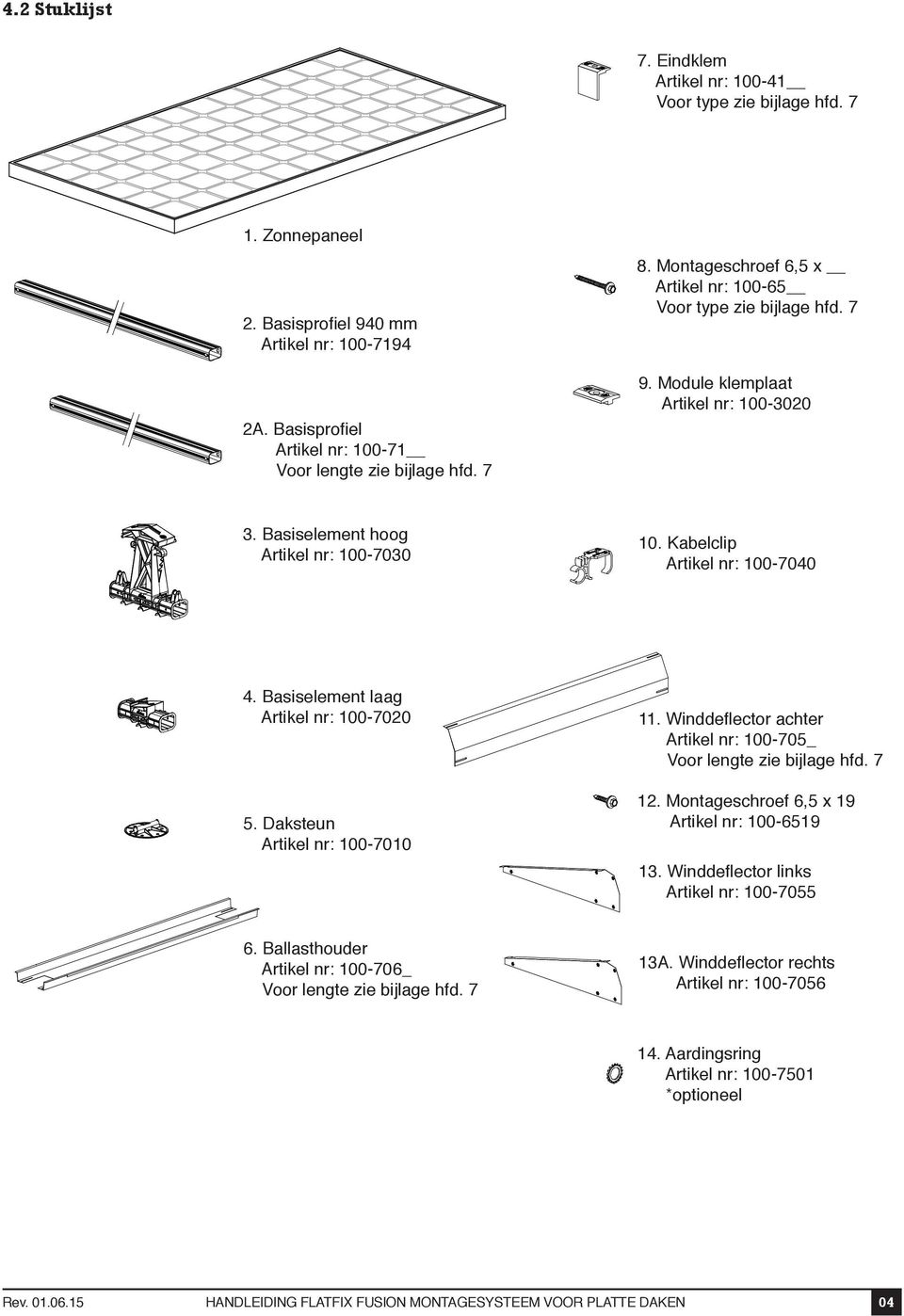 Basiselement laag Artikel nr: 100-7020 5. Daksteun Artikel nr: 100-7010 11. Winddeflector achter Artikel nr: 100-705_ Voor lengte zie bijlage hfd. 7 12.