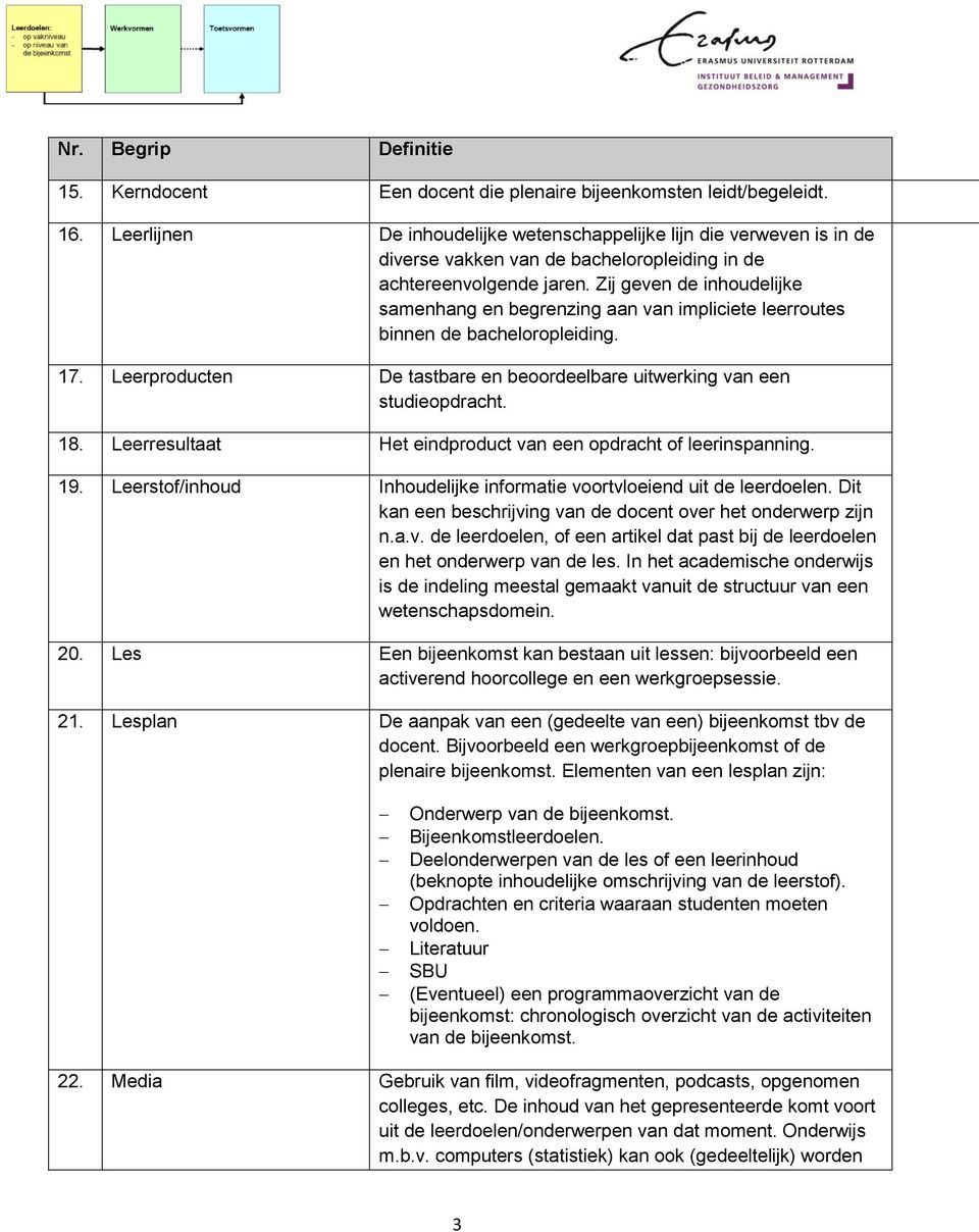 Zij geven de inhoudelijke samenhang en begrenzing aan van impliciete leerroutes binnen de bacheloropleiding. 17. Leerproducten De tastbare en beoordeelbare uitwerking van een studieopdracht. 18.