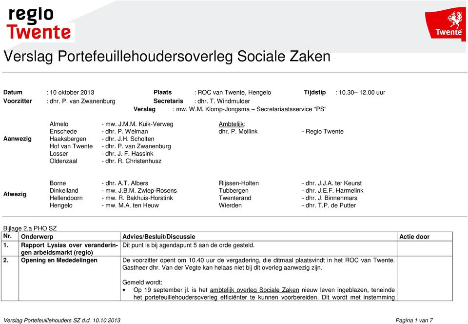 P. van Zwanenburg Losser - dhr. J. F. Hassink Oldenzaal - dhr. R. Christenhusz Afwezig Borne - dhr. A.T. Albers Rijssen-Holten - dhr. J.J.A. ter Keurst Dinkelland - mw. J.B.M.