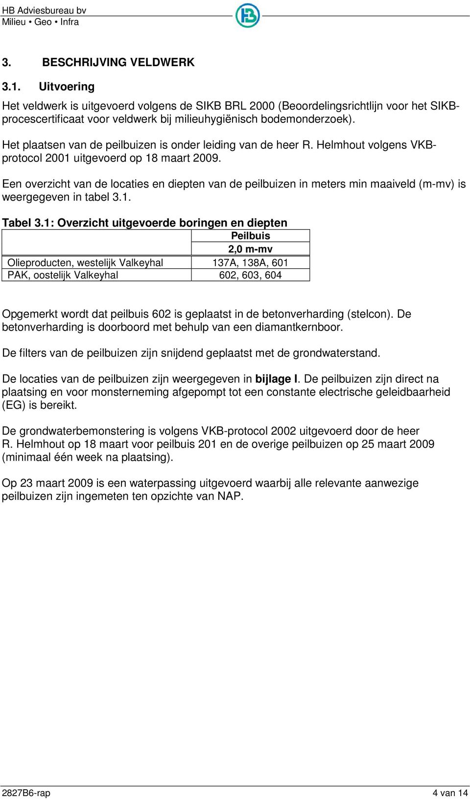 Het plaatsen van de peilbuizen is onder leiding van de heer R. Helmhout volgens VKBprotocol 2001 uitgevoerd op 18 maart 2009.