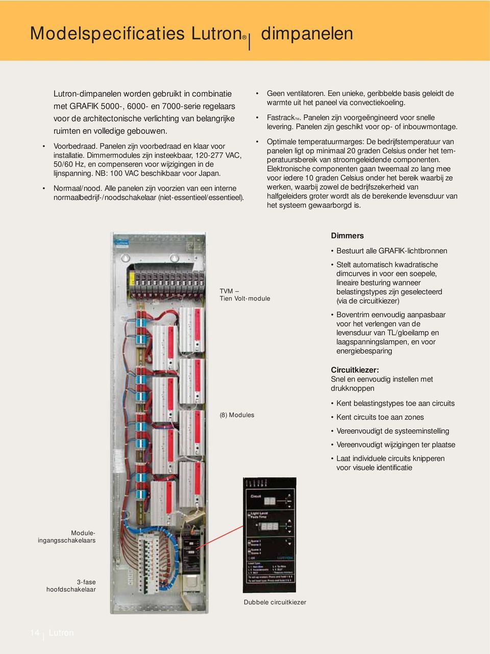 NB: 100 VAC beschikbaar voor Japan. Normaal/nood. Alle panelen zijn voorzien van een interne normaalbedrijf-/noodschakelaar (niet-essentieel/essentieel). Geen ventilatoren.