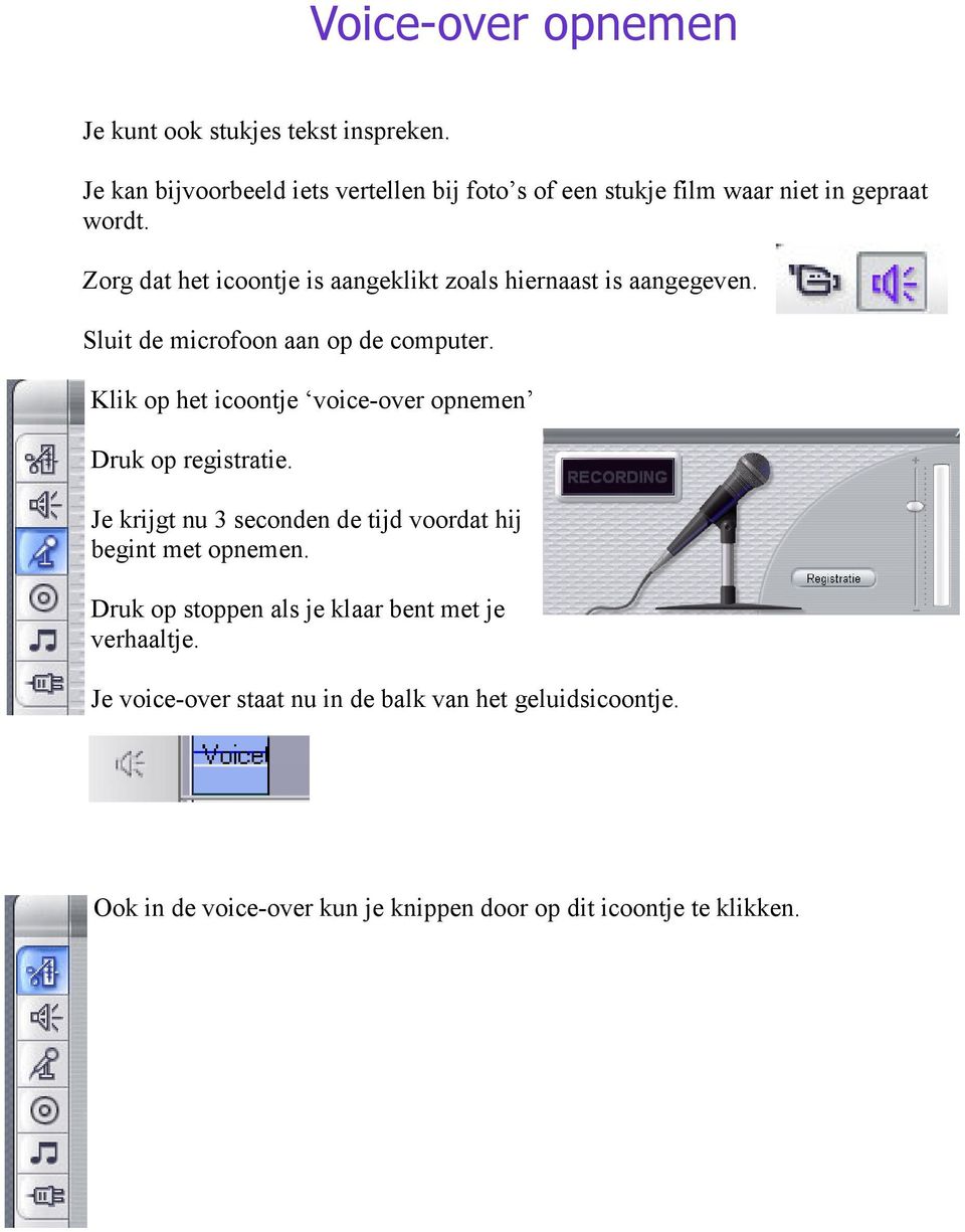 Zorg dat het icoontje is aangeklikt zoals hiernaast is aangegeven. Sluit de microfoon aan op de computer.