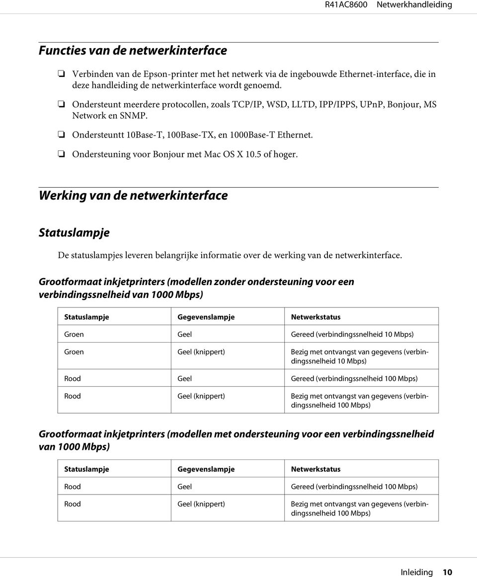 Ondersteuning voor Bonjour met Mac OS X 10.5 of hoger. Werking van de netwerkinterface Statuslampje De statuslampjes leveren belangrijke informatie over de werking van de netwerkinterface.