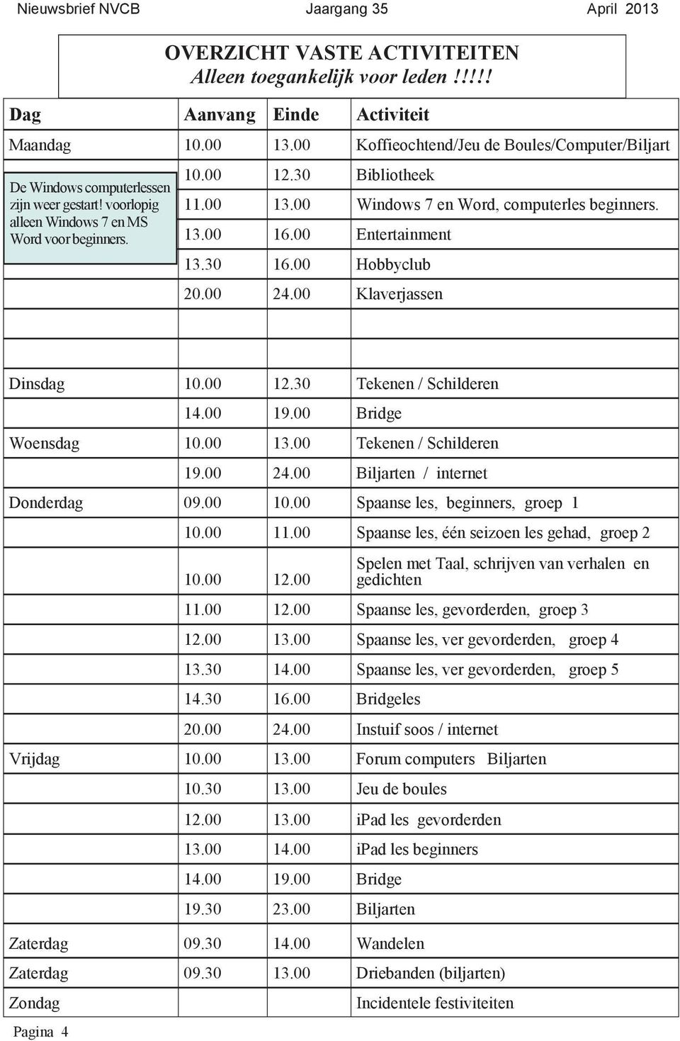 00 Windows 7 en Word, computerles beginners. 13.00 16.00 Entertainment 13.30 16.00 Hobbyclub 20.00 24.00 Klaverjassen Dinsdag 10.00 12.30 Tekenen / Schilderen Pagina 4 14.00 19.00 Bridge Woensdag 10.