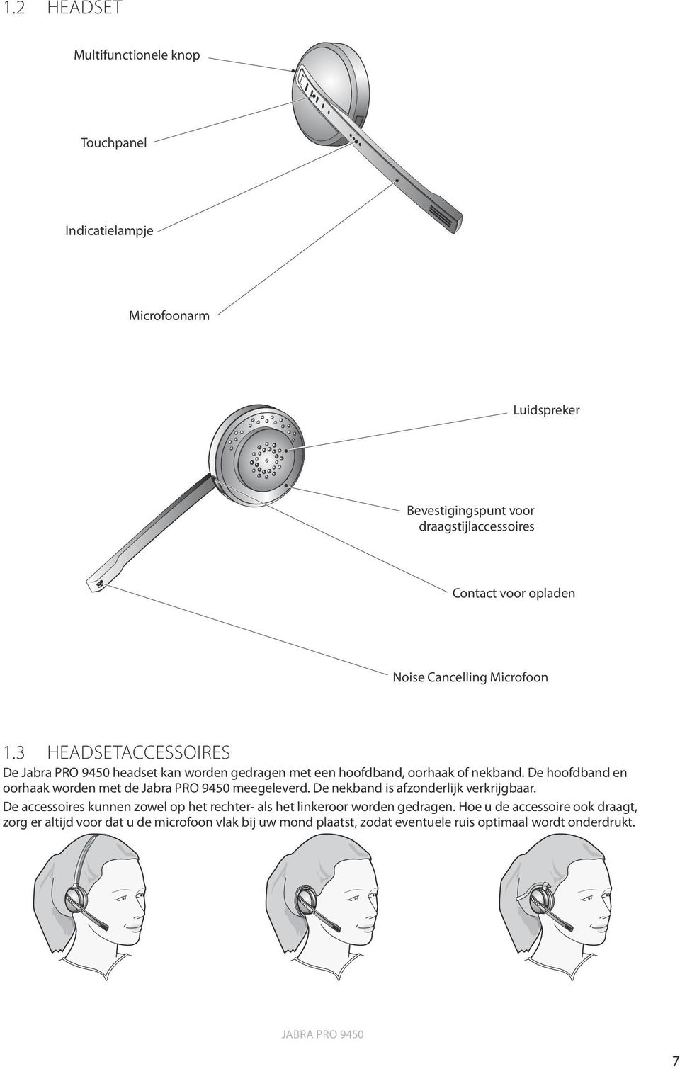 De hoofdband en oorhaak worden met de Jabra PRO 9450 meegeleverd. De nekband is afzonderlijk verkrijgbaar.