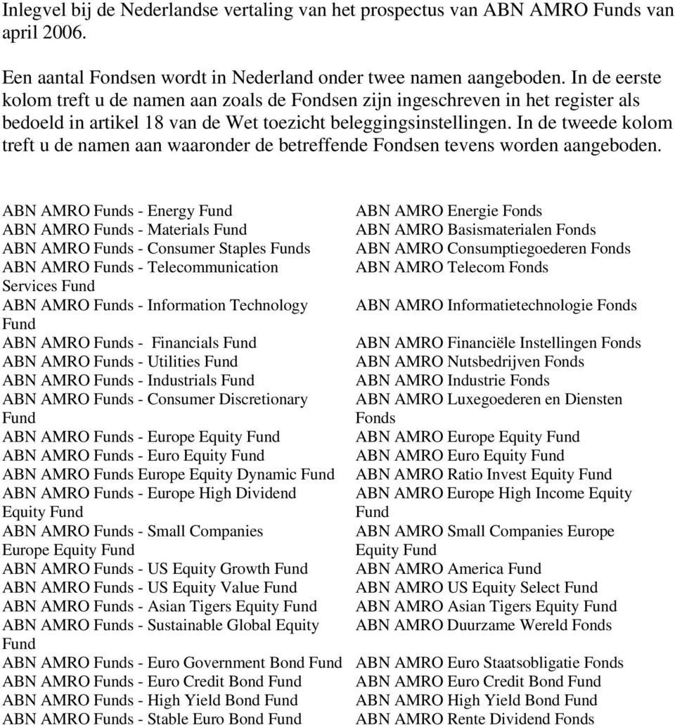 In de tweede kolom treft u de namen aan waaronder de betreffende Fondsen tevens worden aangeboden.