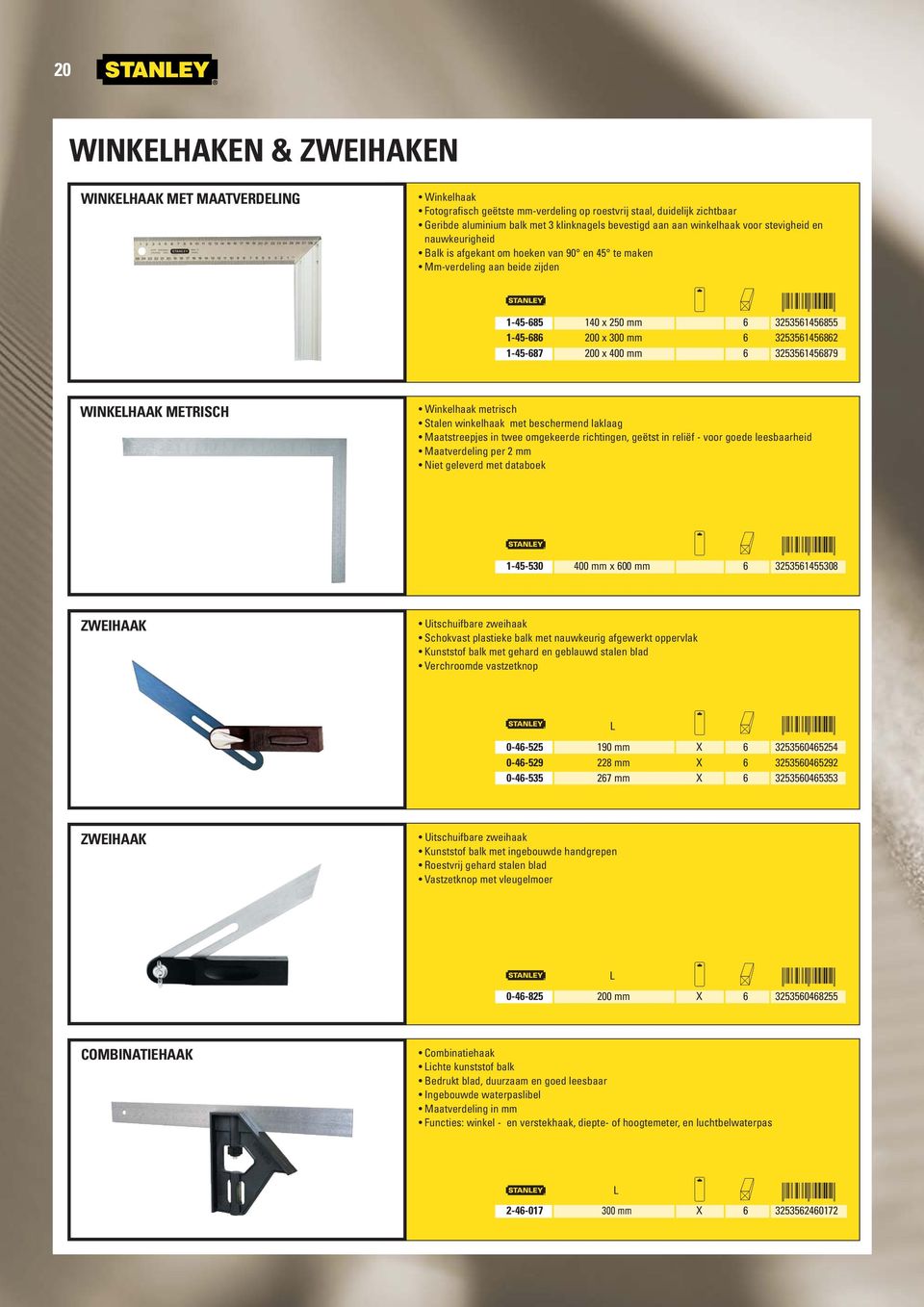 1-45-687 200 x 400 mm 6 3253561456879 WINKEHAAK METRISCH Winkelaak metrisc Stalen winkelaak met bescermend laklaag Maatstreepjes in twee omgekeerde rictingen, geëtst in reliëf - voor goede