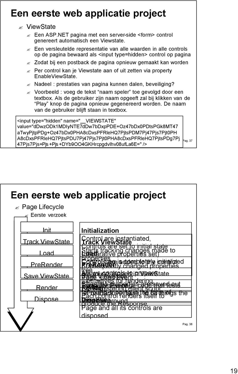 kan je Viewstate aan of uit zetten via property EnableViewState. Nadeel : prestaties van pagina kunnen dalen, beveiliging? Voorbeeld : voeg de tekst naam speler toe gevolgd door een textbox.