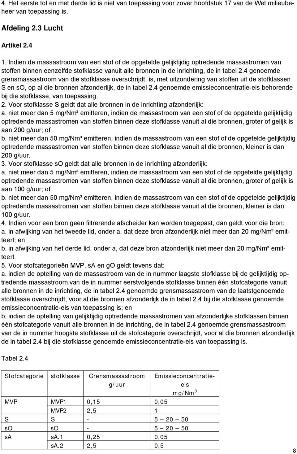 4 genoemde grensmassastroom van die stofklasse overschrijdt, is, met uitzondering van stoffen uit de stofklassen S en so, op al die bronnen afzonderlijk, de in tabel 2.