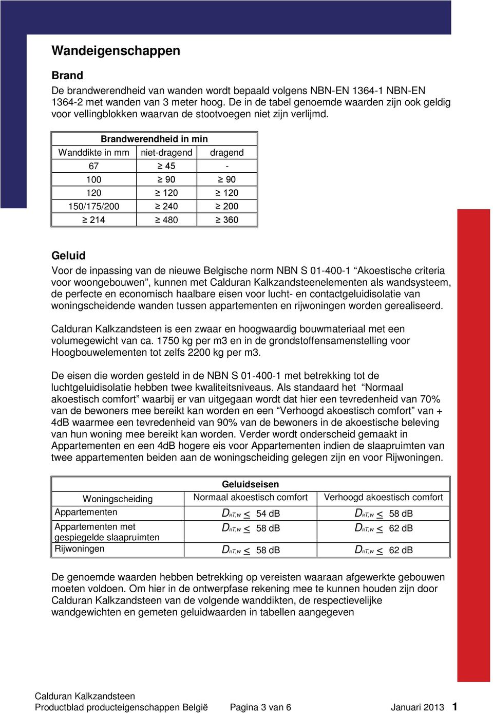 Brandwerendheid in min Wanddikte in mm niet-dragend dragend 67 45-100 90 90 120 120 120 150/175/200 240 200 214 480 360 Geluid Voor de inpassing van de nieuwe Belgische norm NBN S 01-400-1