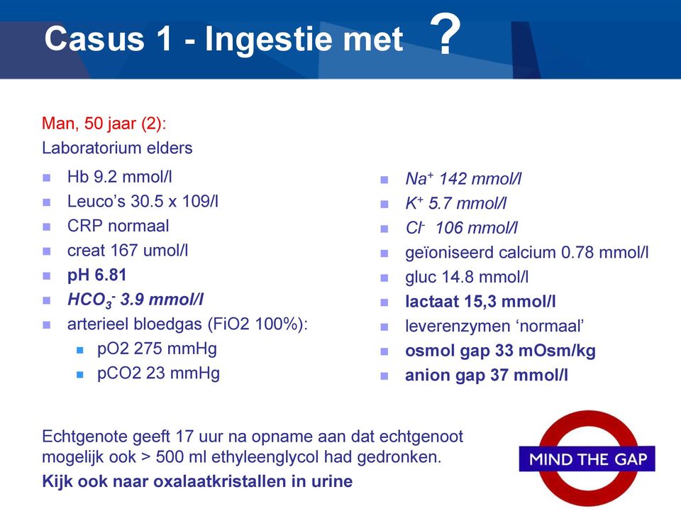 7 mmol/l Cl - 106 mmol/l geïoniseerd calcium 0.78 mmol/l gluc 14.