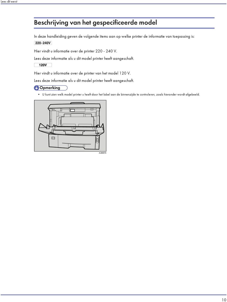 Lees deze informatie als u dit model printer heeft aangeschaft. Hier vindt u informatie over de printer van het model 120 V.