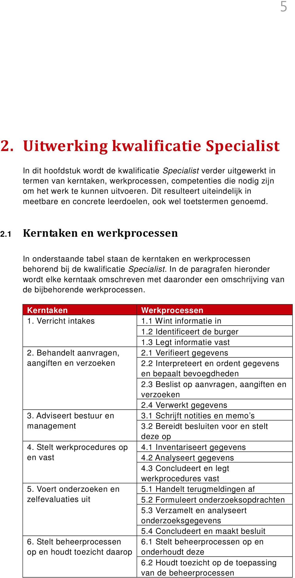 1 Kerntaken en werkprocessen In onderstaande tabel staan de kerntaken en werkprocessen behorend bij de kwalificatie Specialist.